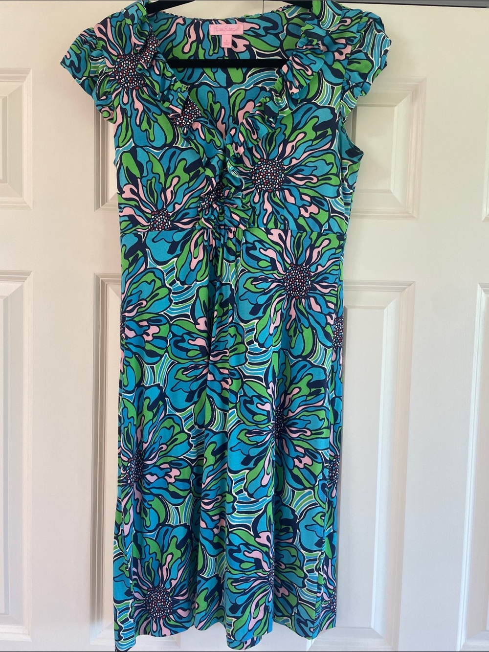 Lilly Pulitzer-Blue and pink sleeveless ruffle dress